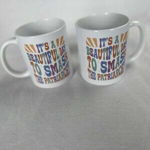 Feminist Mug Set | Colorful Retro‎ Coffee Cups (2) “Smash the Patriarchy”